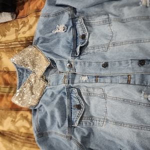 Blue Jean jacket, distressed with silver sequence collar